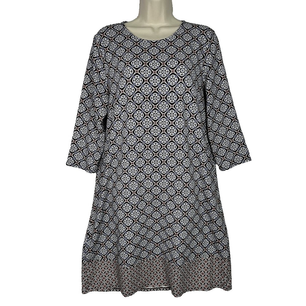 J Jill Wearever Collection Medallion Print Shift Dress Large 3/4 Sleeve Stretch